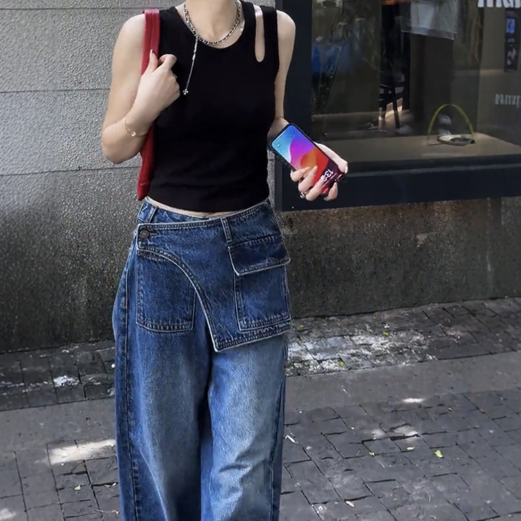 美式復古大尺碼寬腿牛仔褲