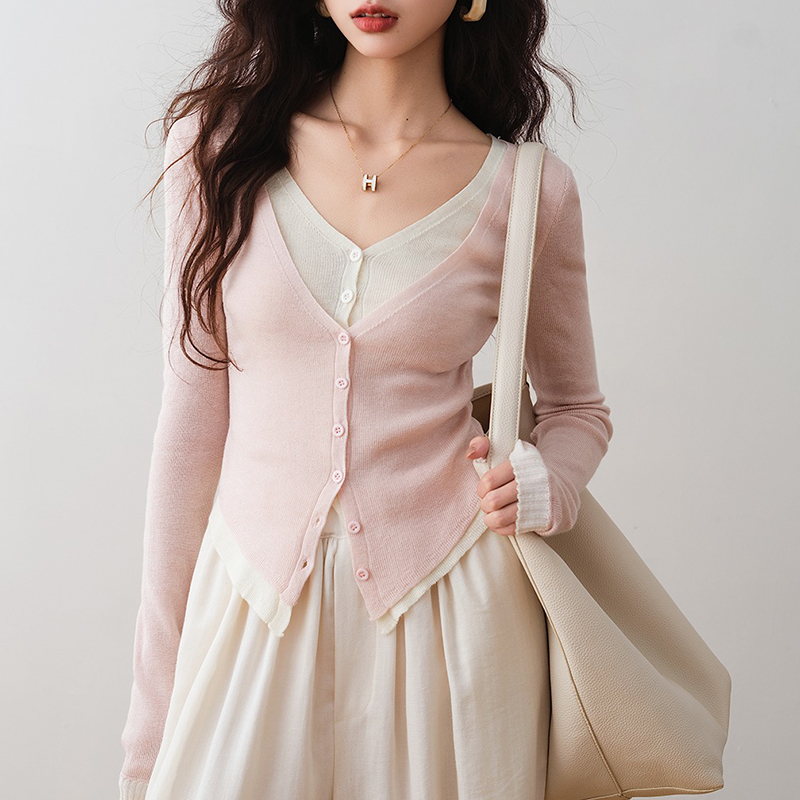 修身V領假兩件撞色針織開襟衫(2色)