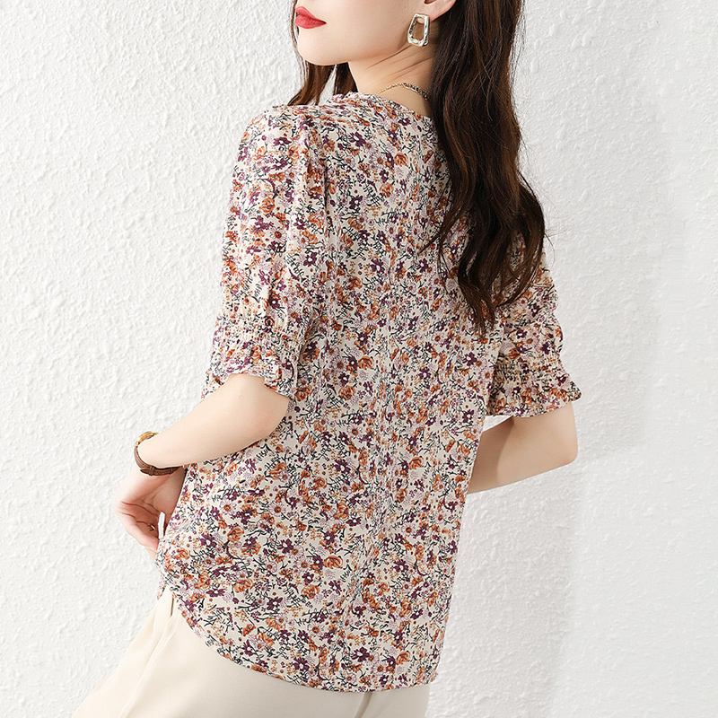 韓版復古碎花喇叭袖襯衫