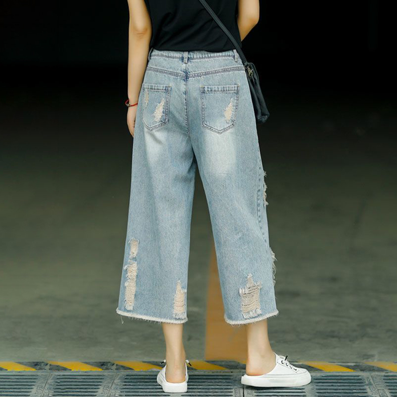 復古休閒高腰破洞做舊牛仔褲