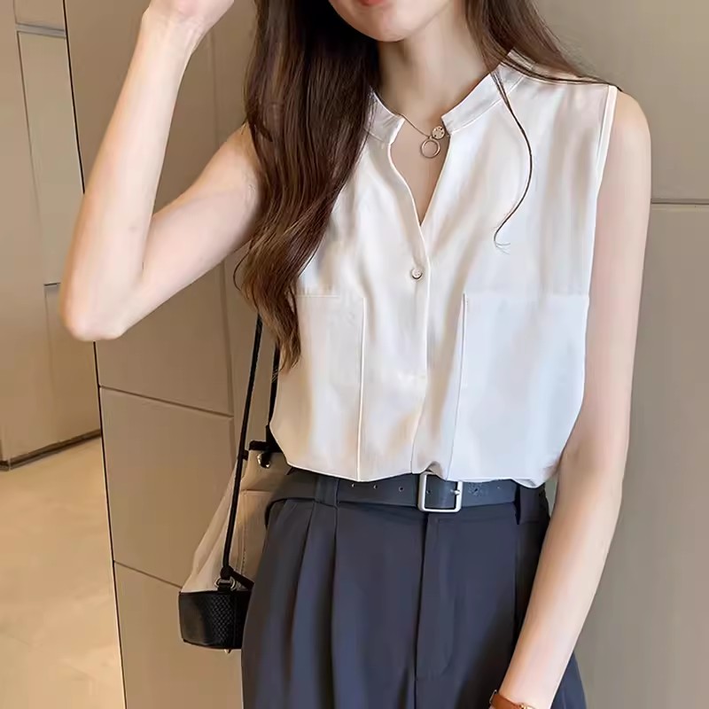 百搭半開領無袖背心襯衫(3色)