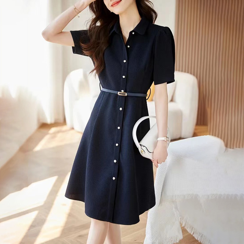 華夫格紋腰帶束腰襯衫連身裙