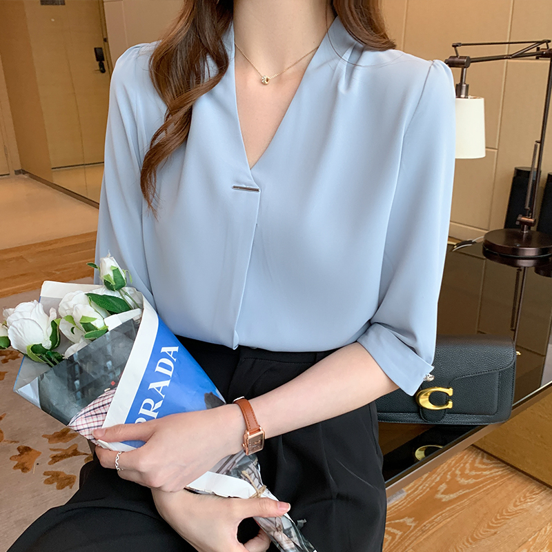 時尚優雅V領中袖職業襯衫
