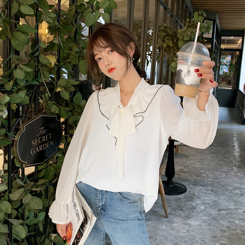 韓系荷葉邊蝴蝶結V領長袖襯衫(2色)