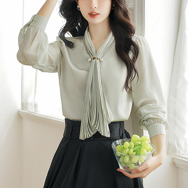 法式溫柔繫帶V領長袖襯衫
