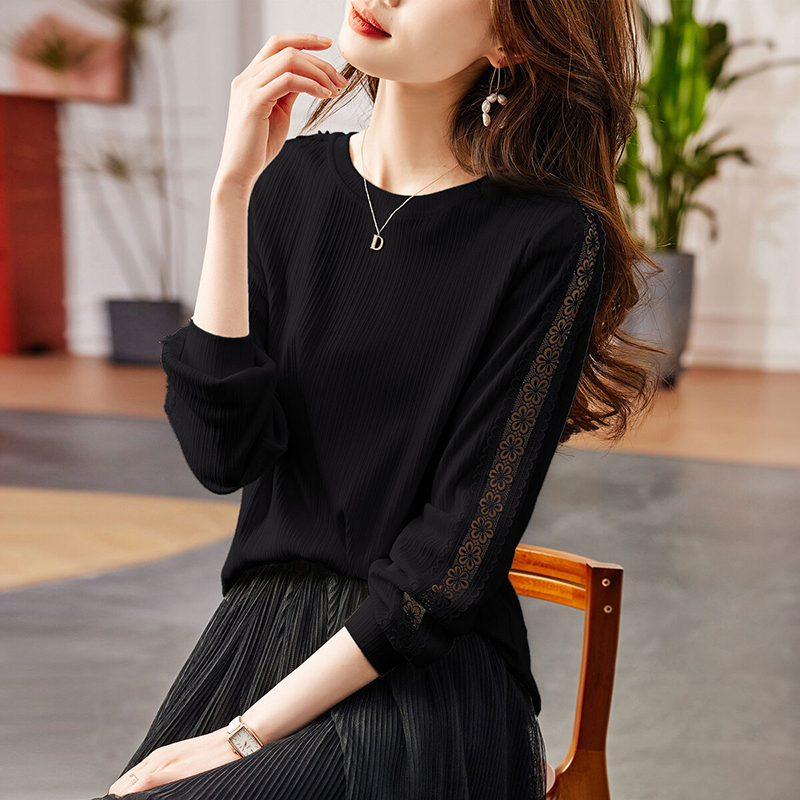 時尚圓領鏤空蕾絲肌理感針織長袖T恤(2色)