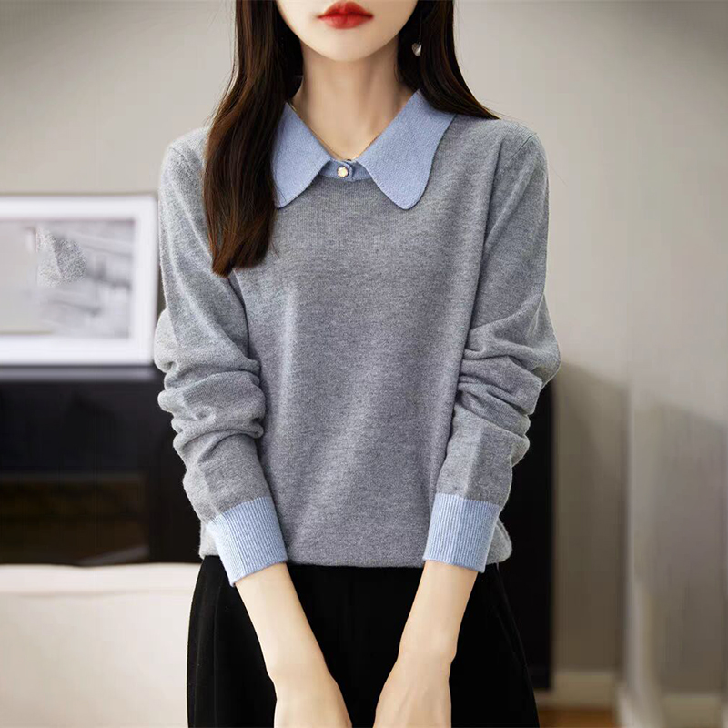 寬鬆慵懶拼色POLO領長袖針織衫(4色)