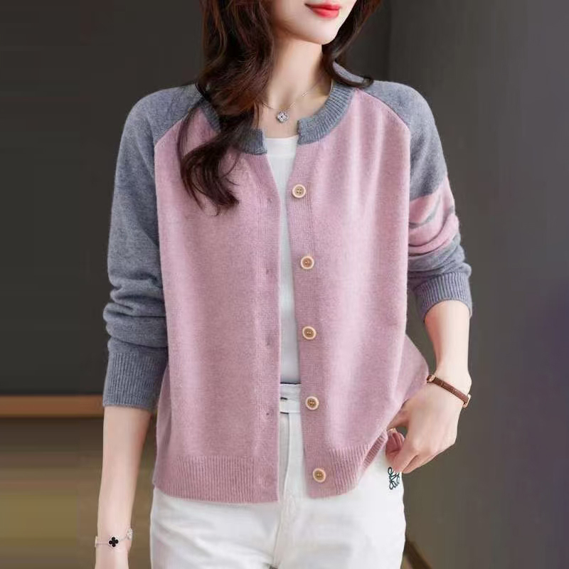 休閒百搭圓領拼色針織開襟衫(4色)