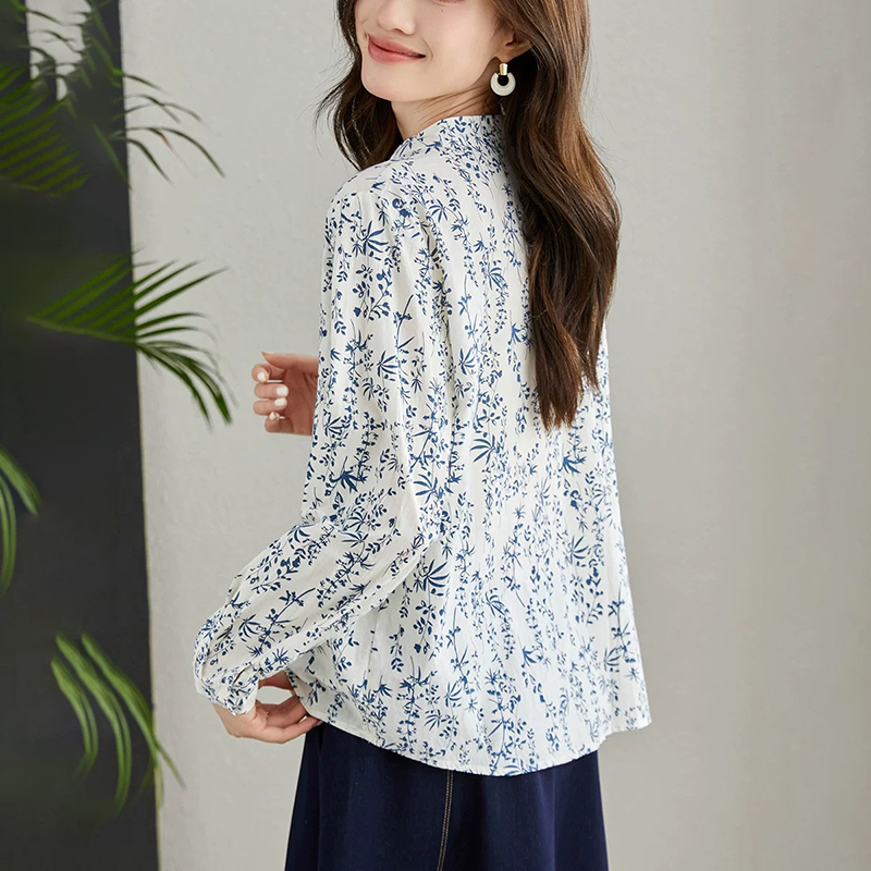 百搭V領印花長袖襯衫