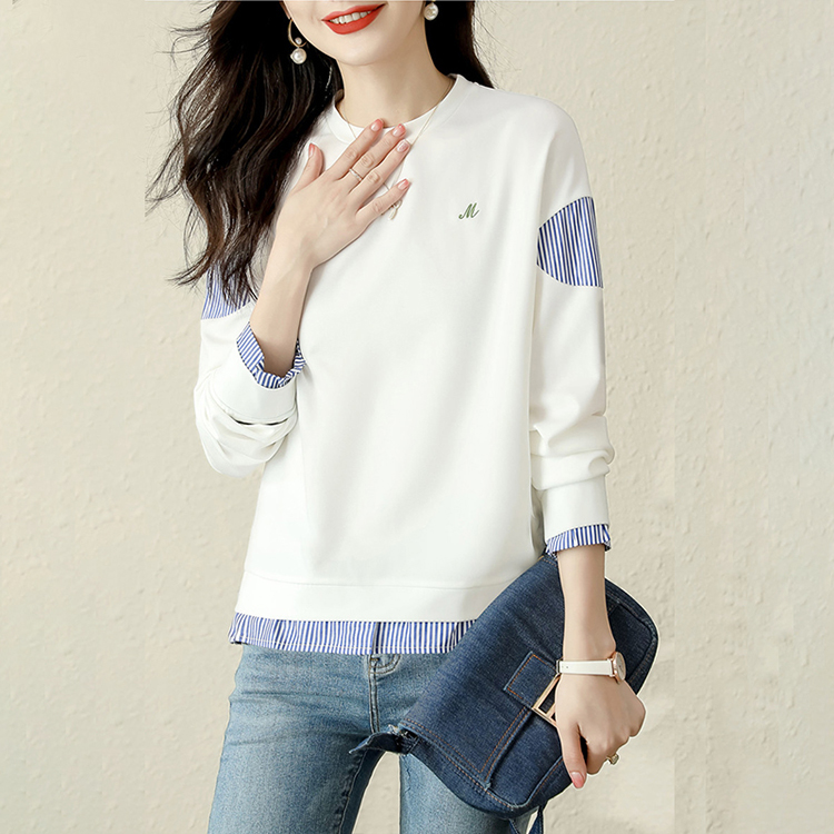 簡約拼接撞色假兩件條紋長袖T恤