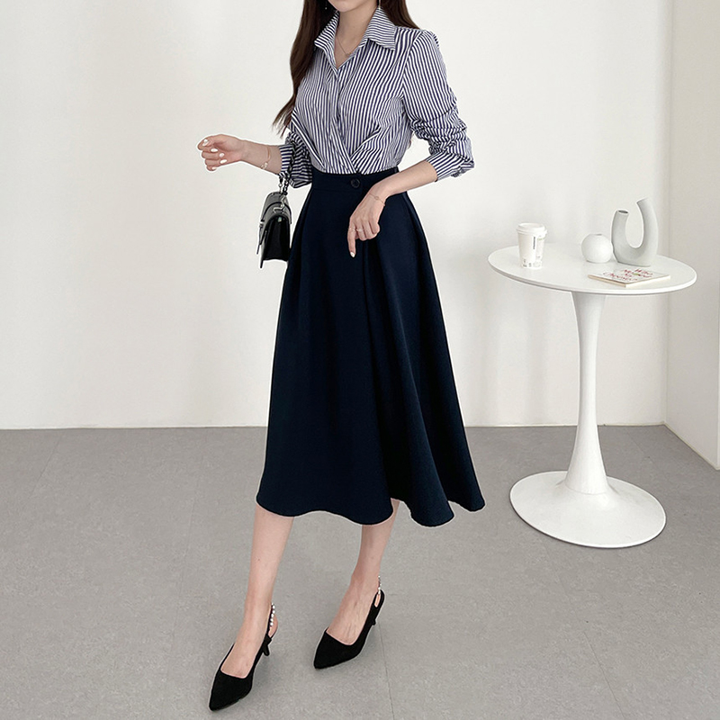 韓版復古條紋拼色襯衫連身裙