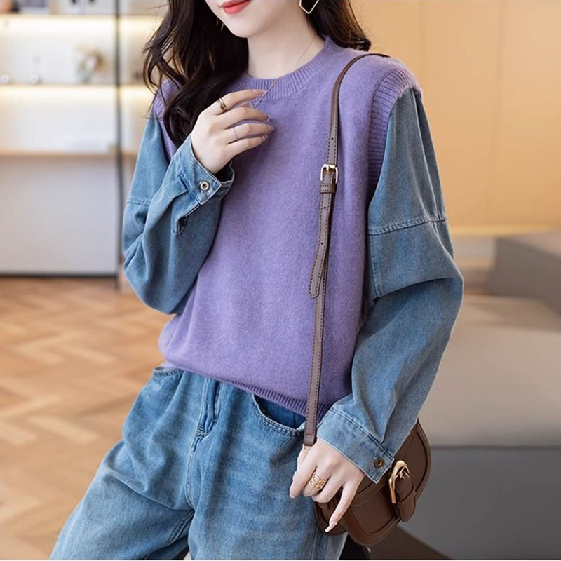 圓領拼接牛仔袖假兩件針織衫(3色)