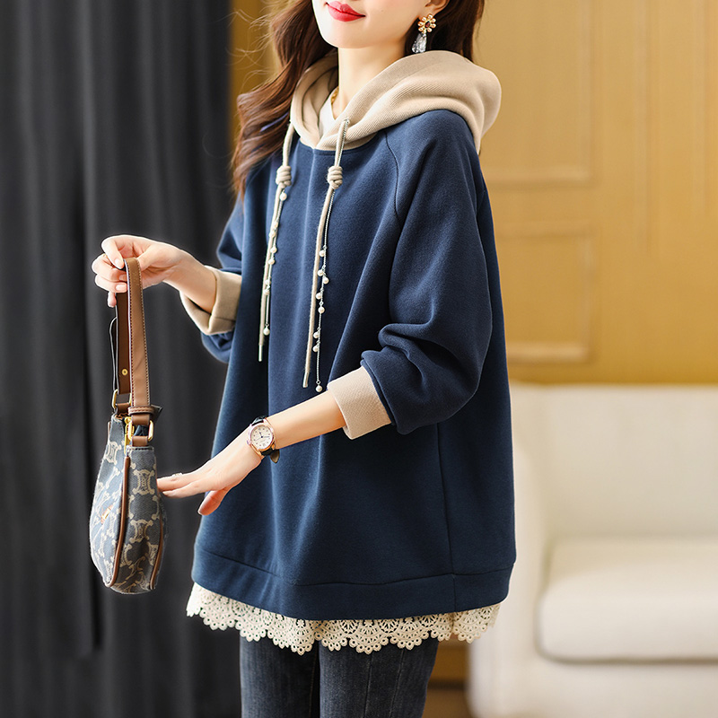 連帽拼色蕾絲下擺設計寬鬆衛衣