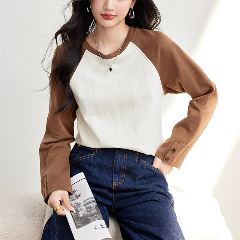 復古圓領撞色插肩長袖T恤