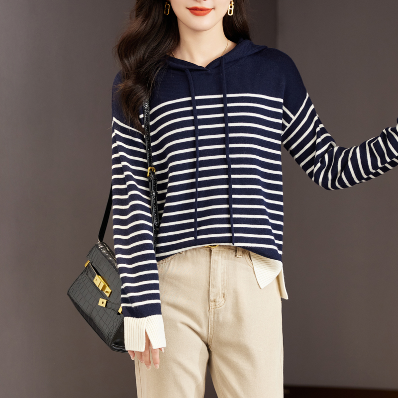 抽繩撞色條紋連帽針織衫(2色)