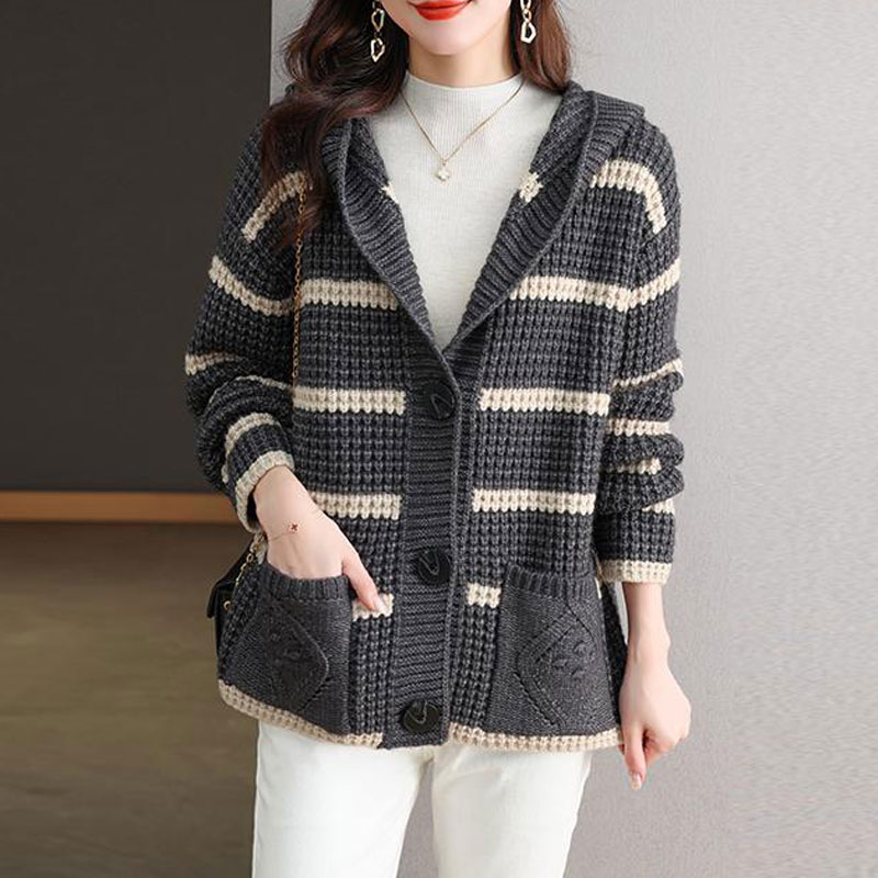 寬鬆條紋連帽針織外套(3色)