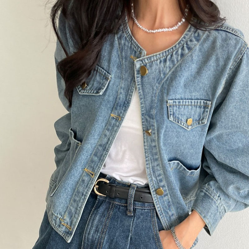 簡約圓領口袋長袖水洗牛仔外套(2色)