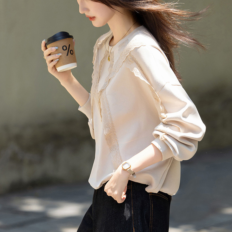 圓領蕾絲寬鬆彈性衛衣