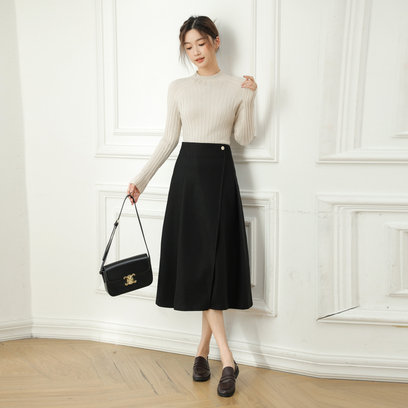 復古氣質毛呢保暖開叉A字半身裙