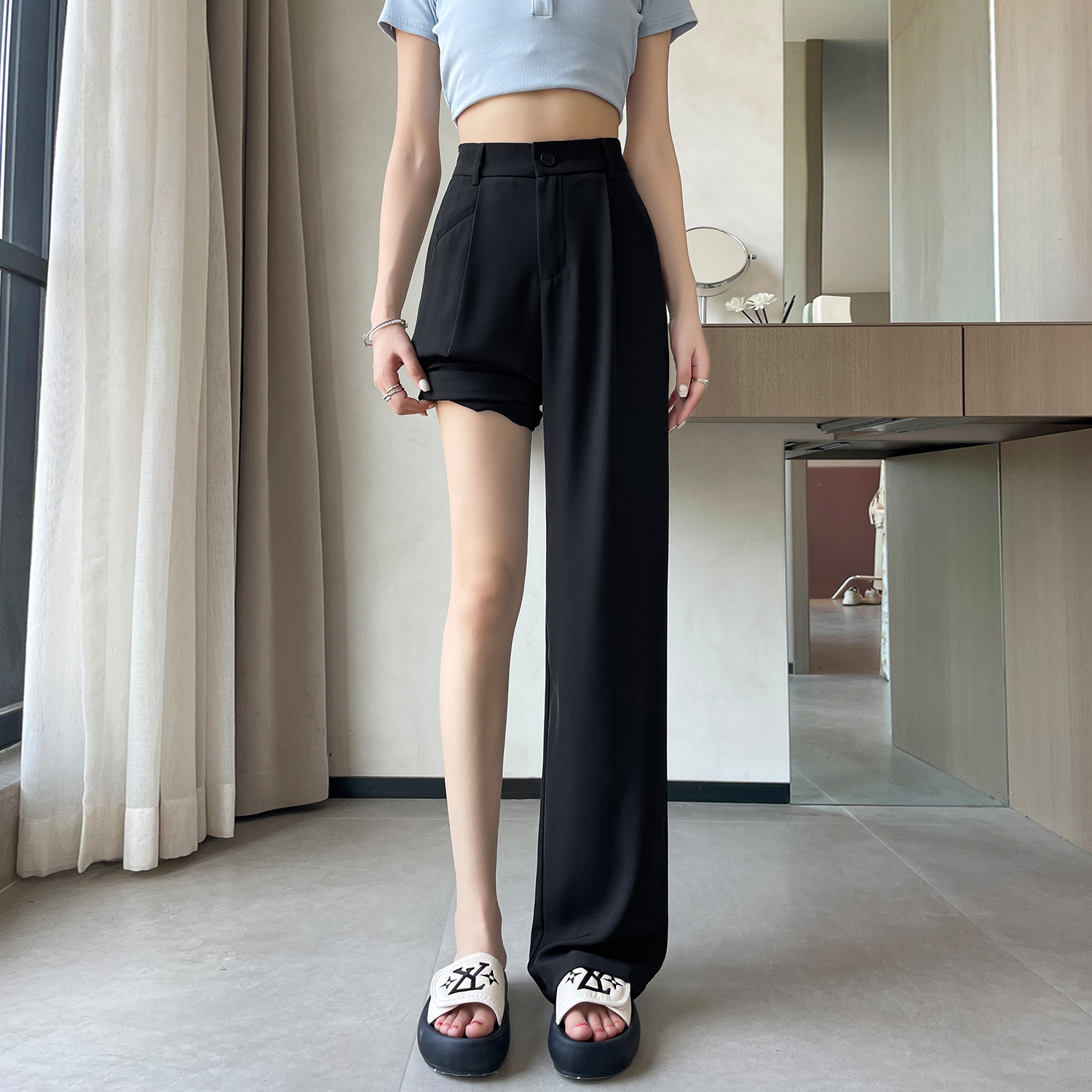 窄版高腰垂感寬鬆直筒休閒褲(3色)