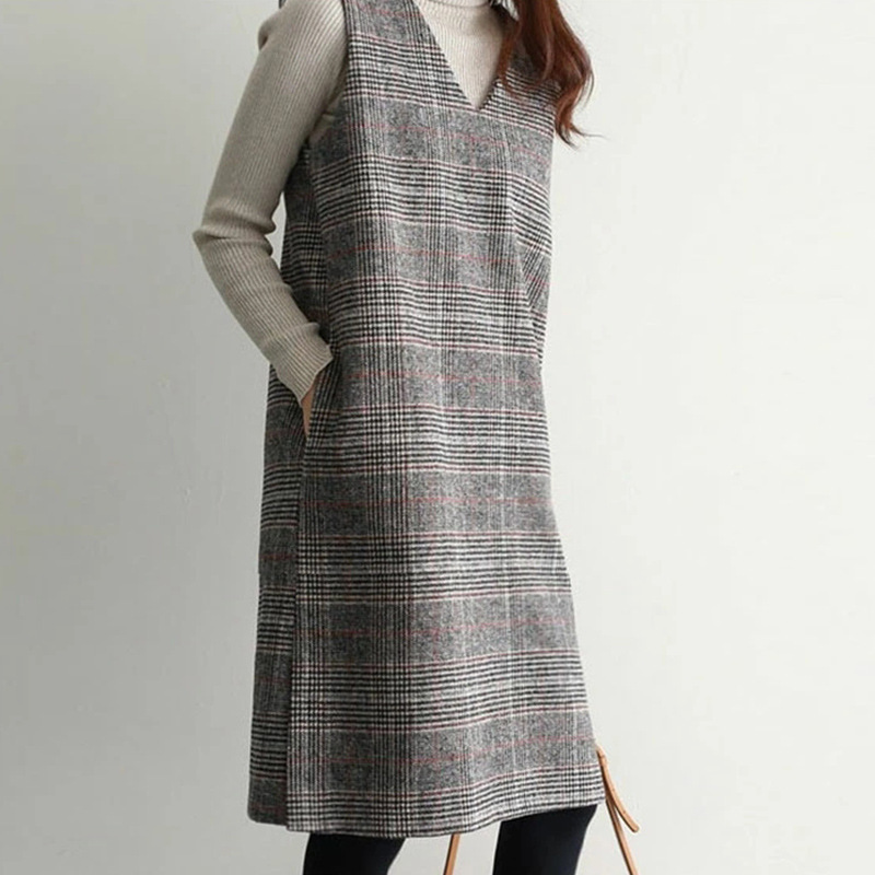寬鬆V領無袖開叉格紋毛呢背心裙