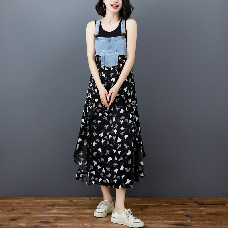 韓系荷葉邊牛仔拼接設計背帶款連身裙（14色）