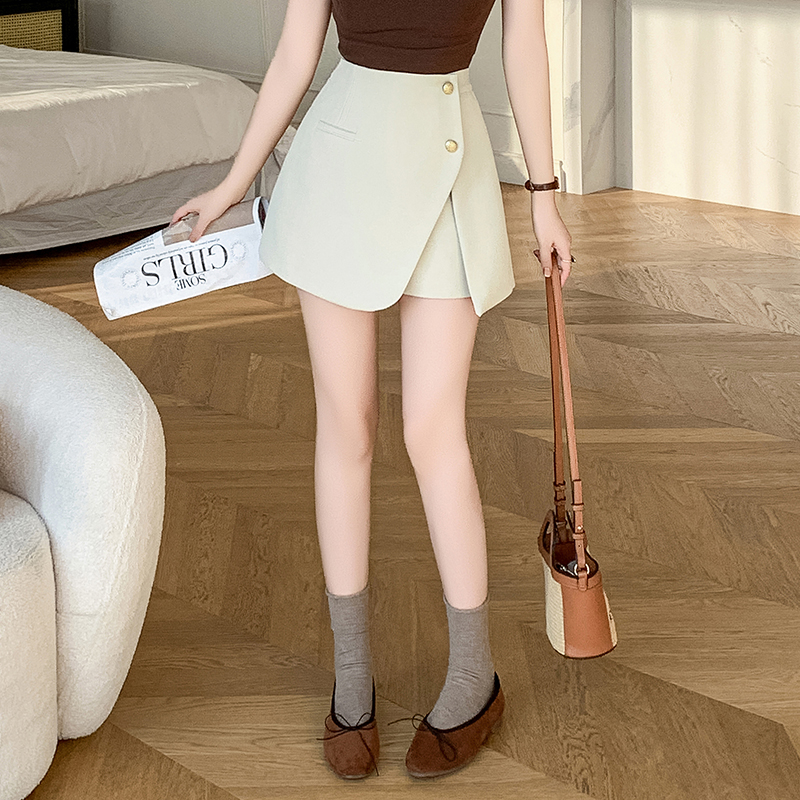 小香風高腰寬腿排扣不對稱A字裙褲(3色)