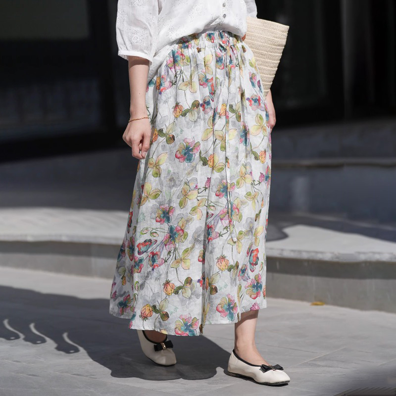 文藝復古棉麻碎花半身裙