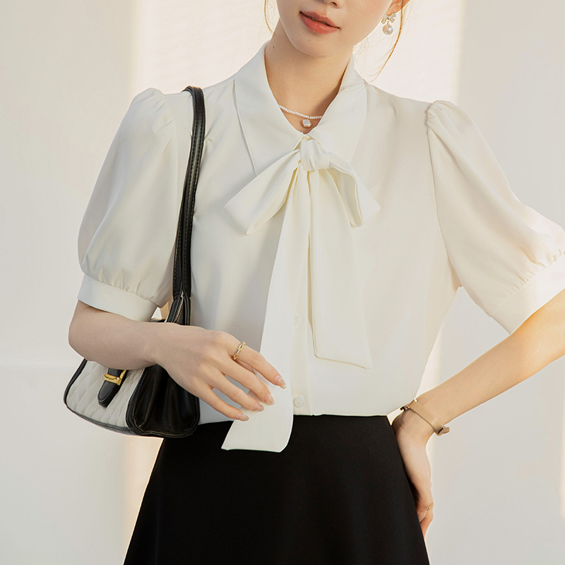 優雅蝴蝶結泡泡短袖襯衫(2色)