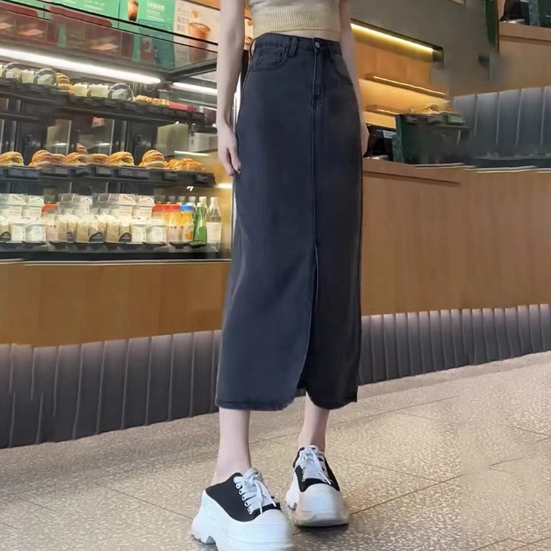 高腰開叉天絲牛仔A字裙(2色)