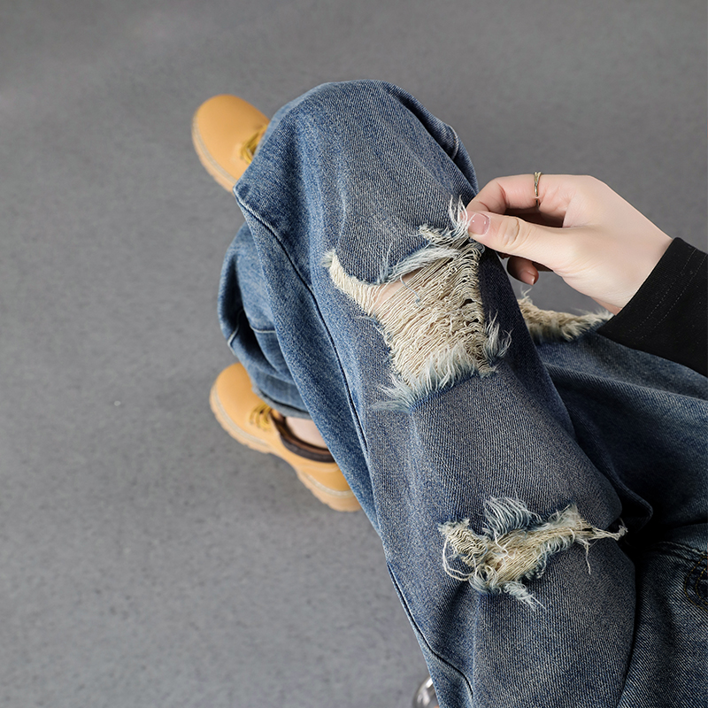 韓系漸層破洞九分牛仔褲