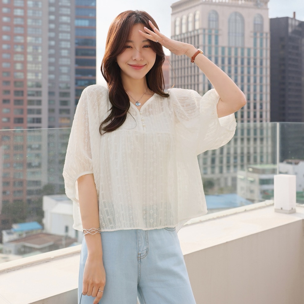 韓系V領燈籠袖寬鬆甜美襯衫+吊帶兩件套