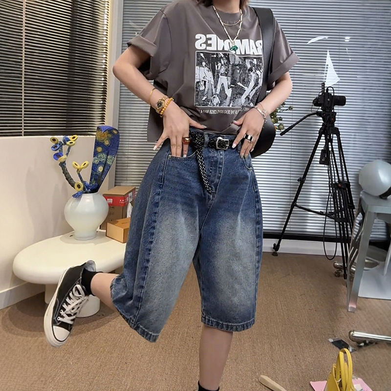 高腰休閒寬鬆五分寬腿牛仔短褲