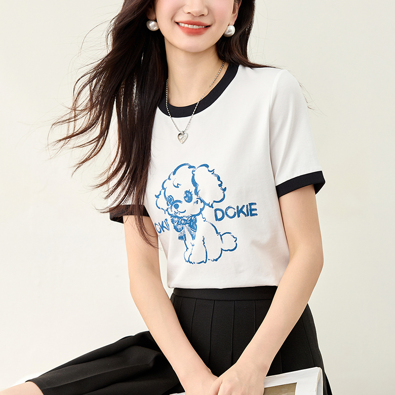 小狗印花撞色設計短袖T恤