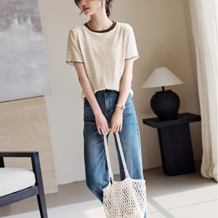 撞色拼接木耳袖邊肌理感T恤(2色)