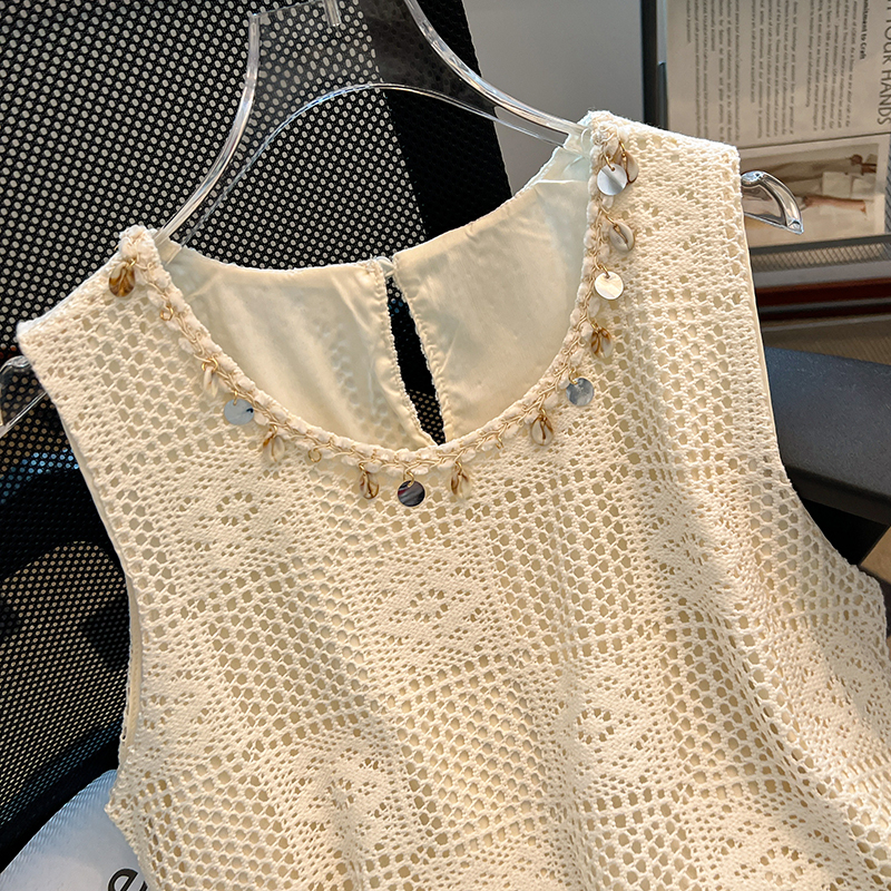 波西米亞風假兩件拼接鏤空短袖/無袖小衫