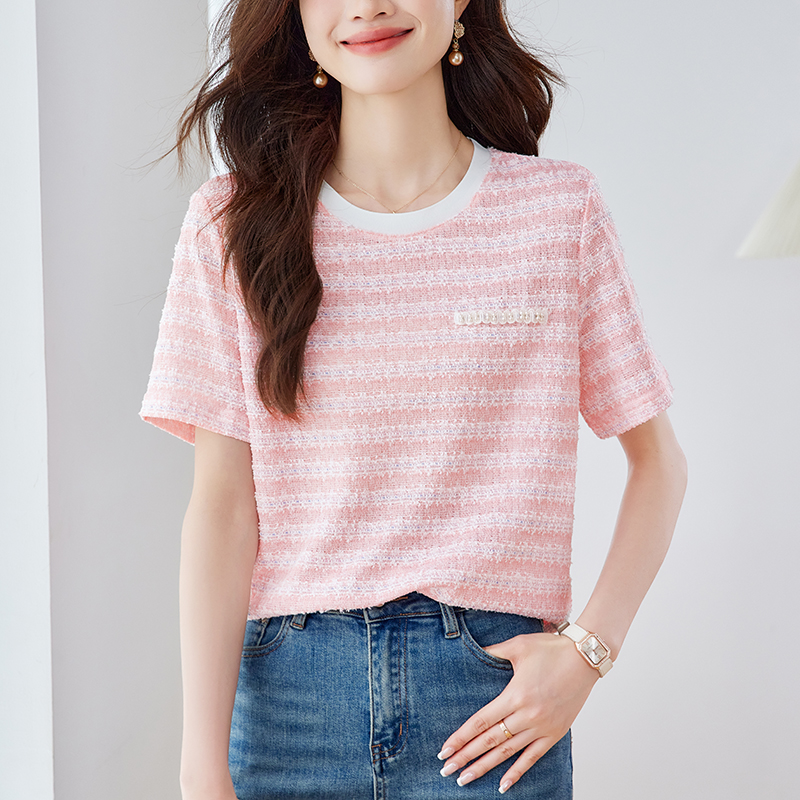 簡約圓領正肩小香風針織短袖T恤(2色)