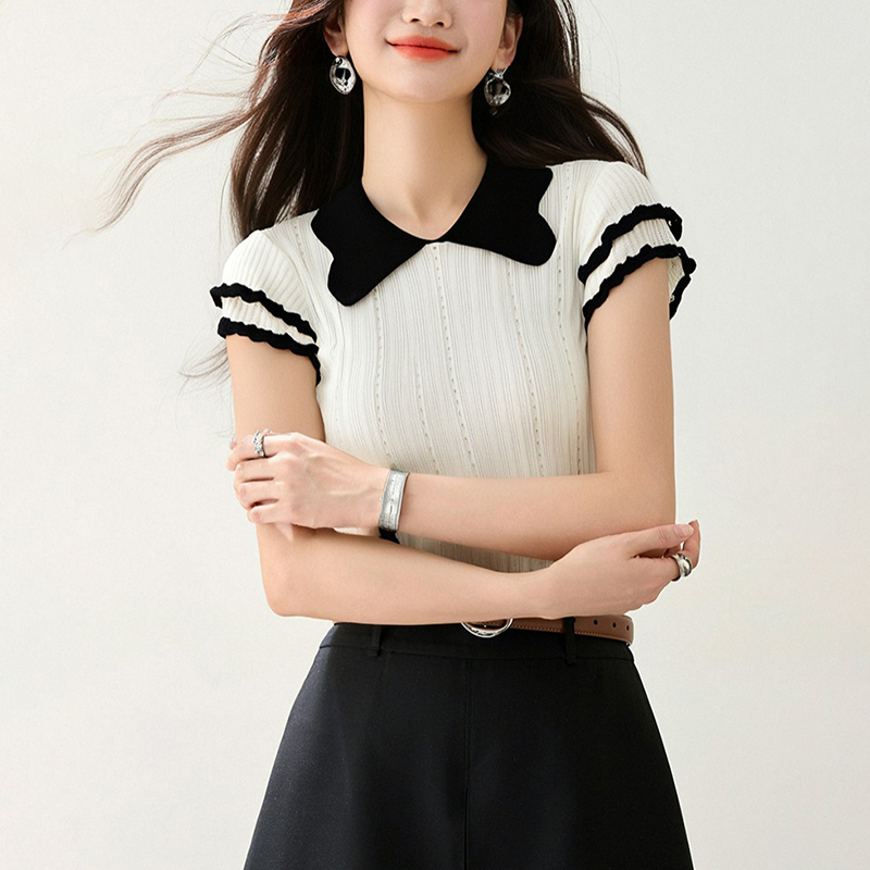 百搭薄款翻領亞麻短袖針織衫