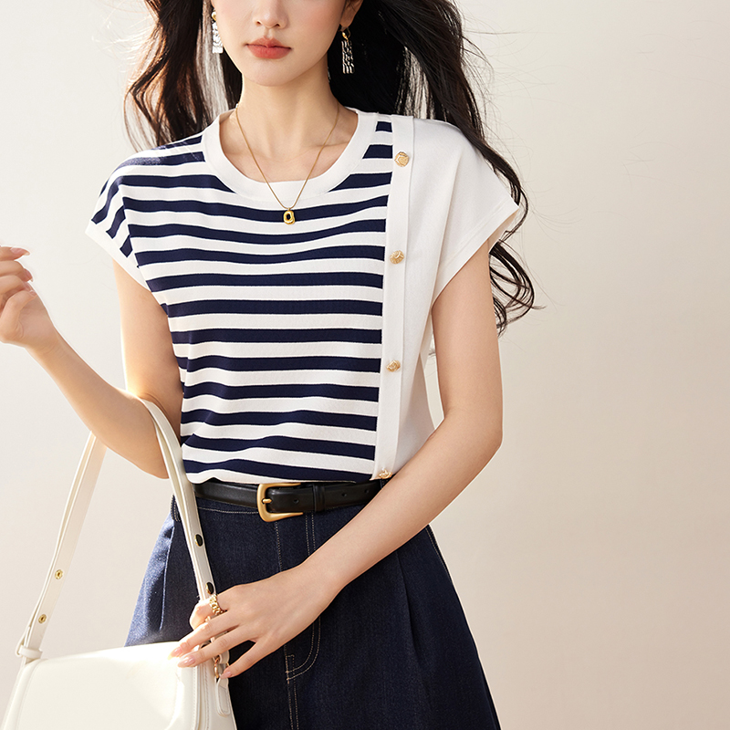 休閒撞色條紋針織短袖T恤