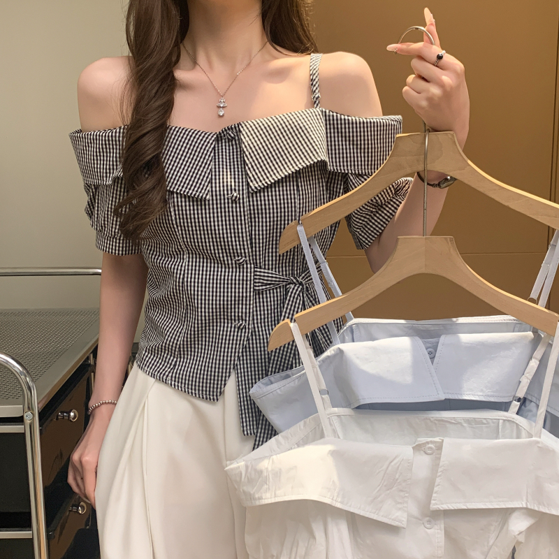 韓系一字肩不規則吊帶短袖襯衫(3色)