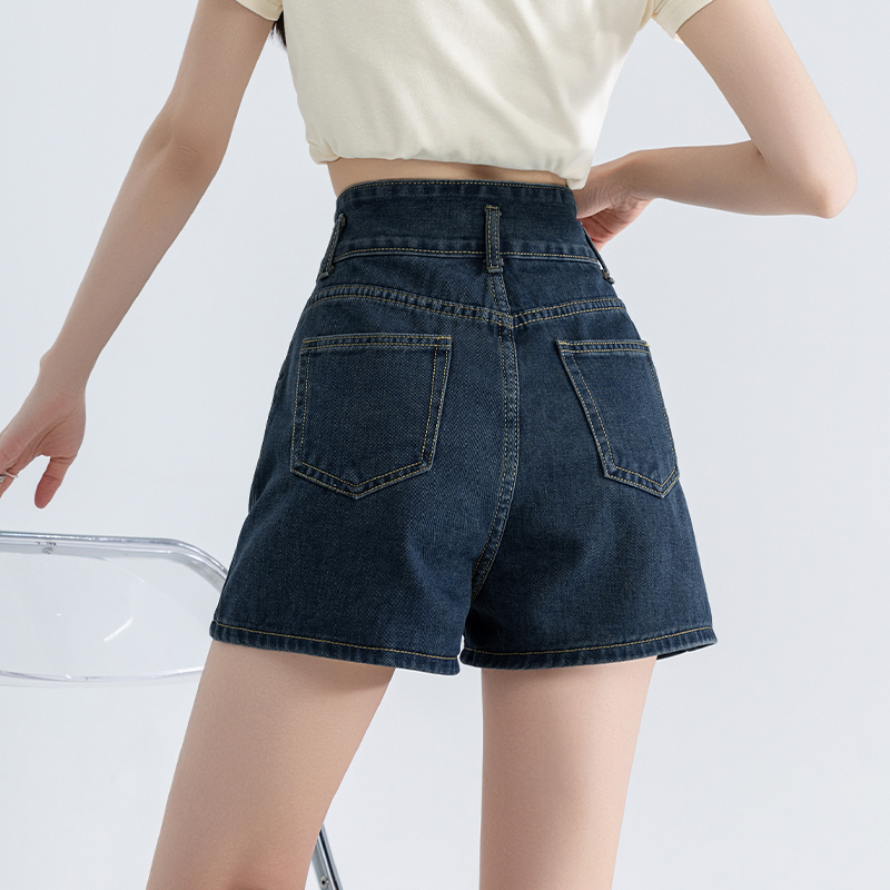 韓系高腰兩粒扣闊腿牛仔短褲