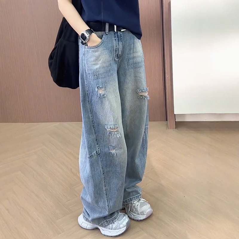 高腰薄款破洞直筒牛仔褲