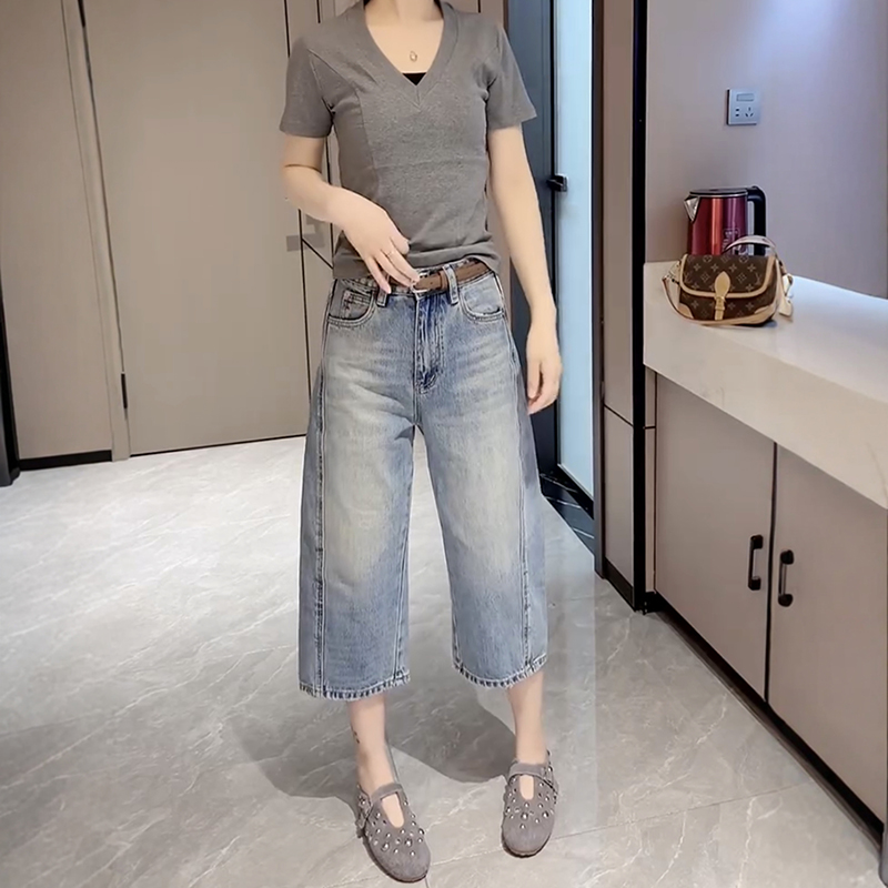 夏季新款高腰直筒闊腳八分牛仔褲