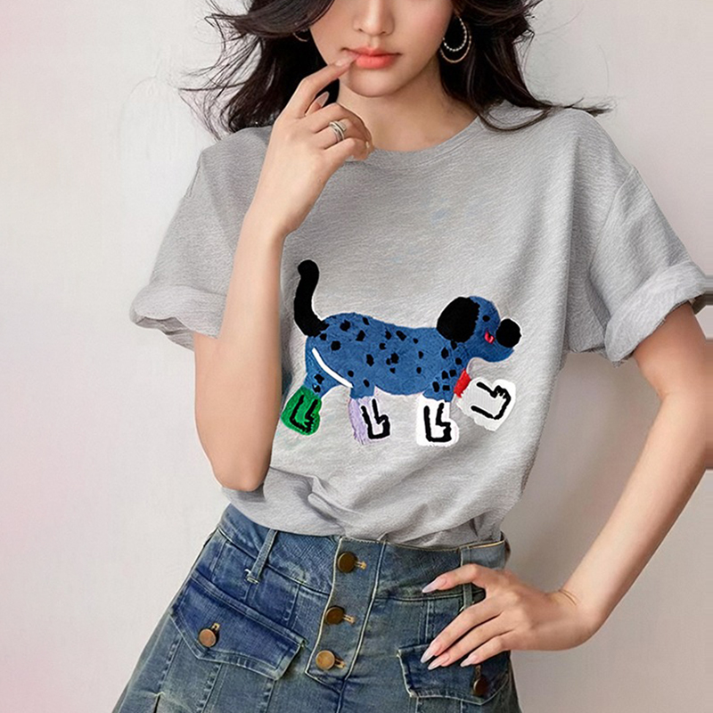 新款小狗印花寬鬆短袖T恤