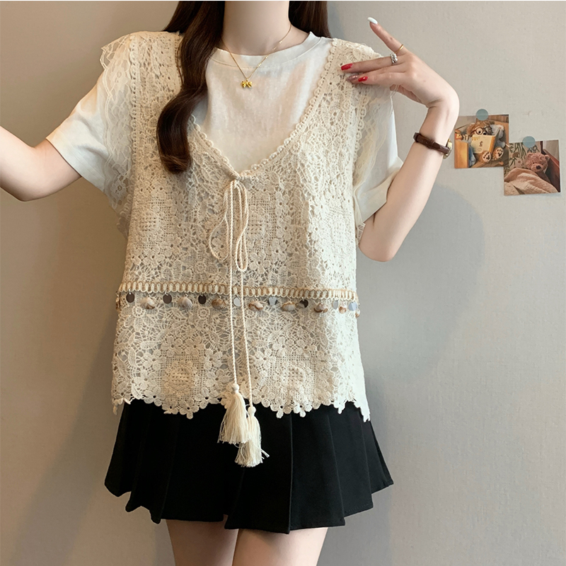 時尚鏤空針織短袖T恤兩件套裝