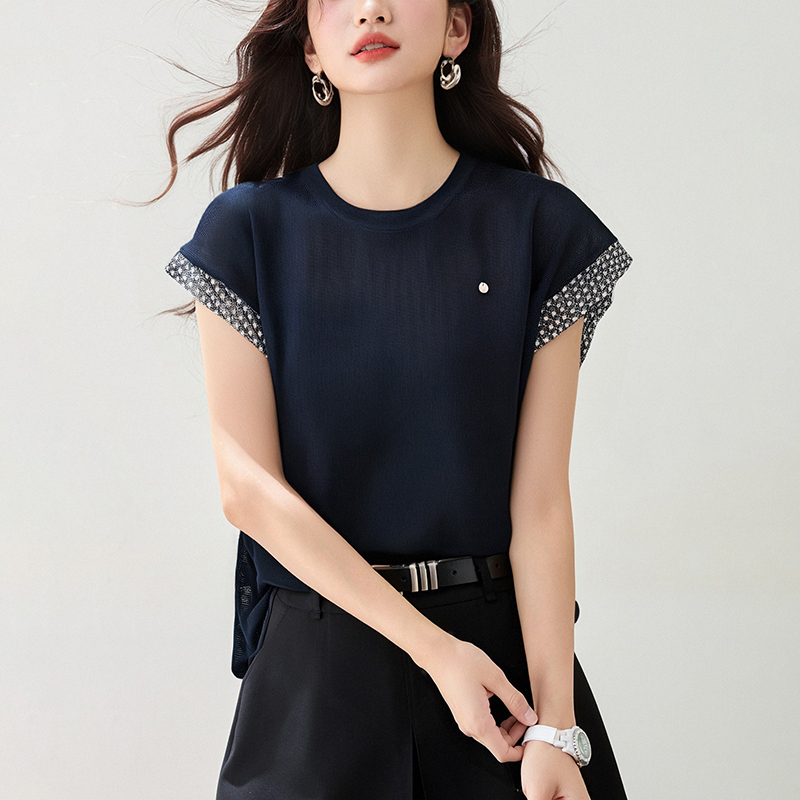 圓領拼色刺綉針織T恤(2色)