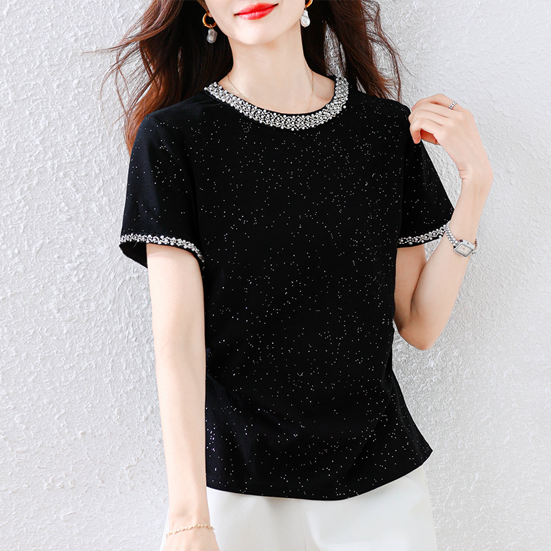 高級感圓領滿天星鑲鑽短袖T恤
