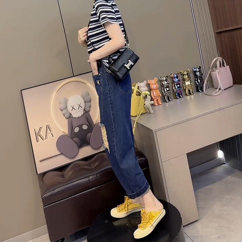 高腰九分破洞直筒牛仔褲