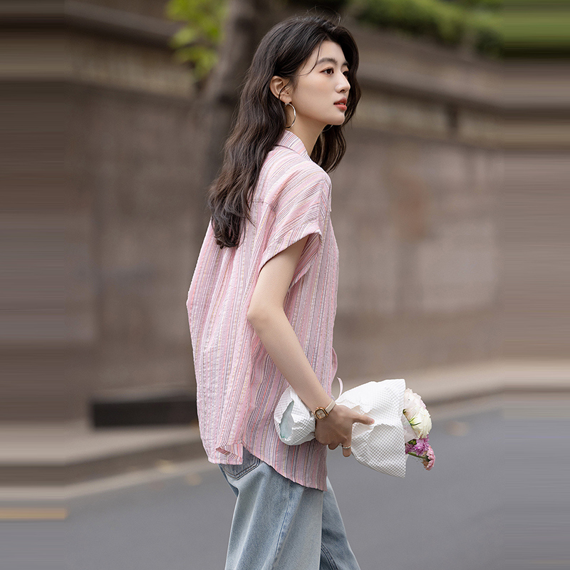 舒適復古翻領條紋連肩短袖襯衫(2色)