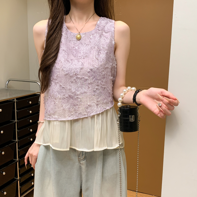 假兩件拼接鏤空設計坎肩無袖襯衫(3色)